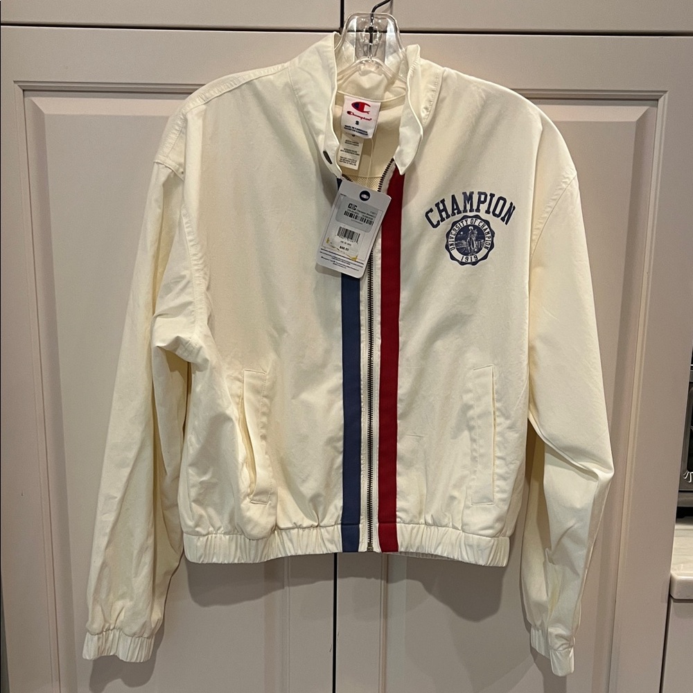 Champion Cream Bomber Jacket with Red & Navy Center Stripes